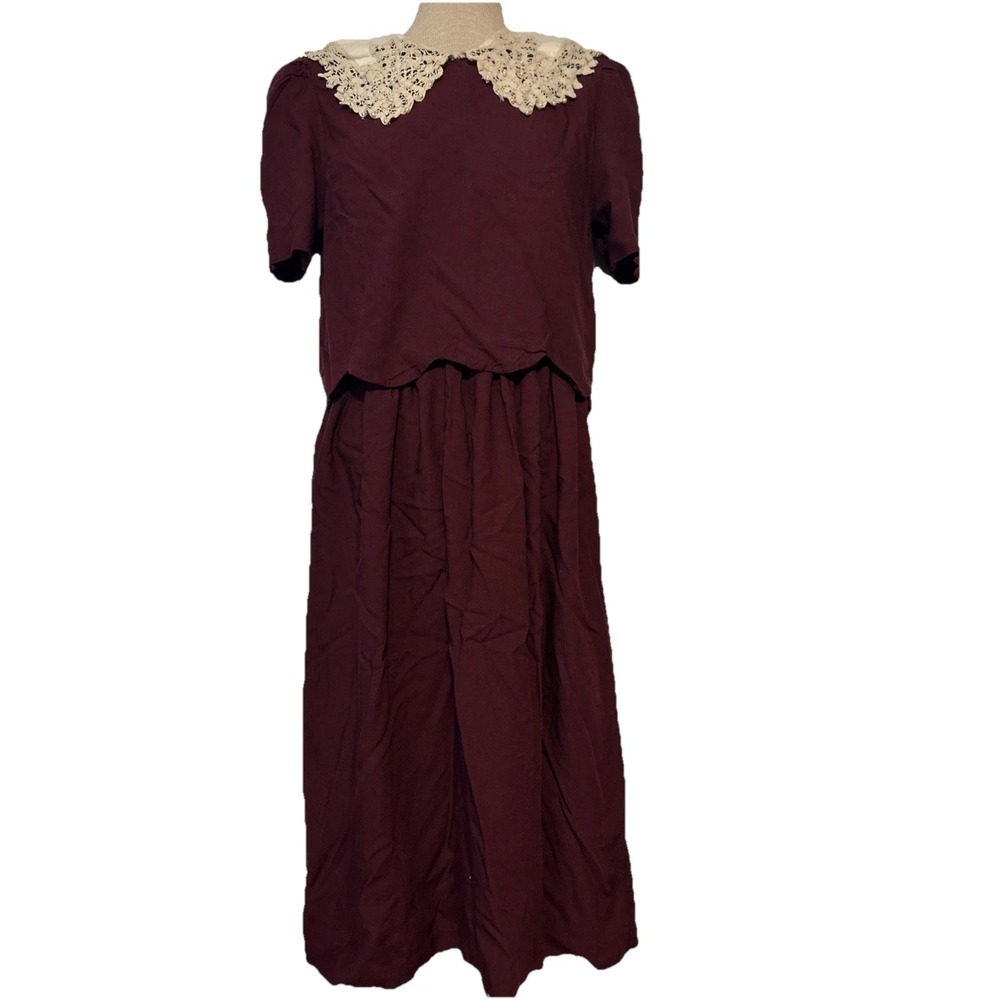 Kathie Lee Plaza South Maroon Ivory Lace Collar Beading Prairie Cottage Dress 8